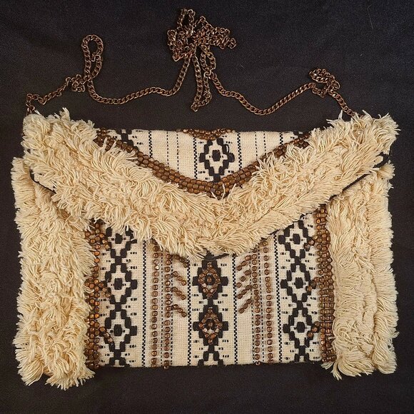 Antik Kraft Furry Crossbody Embroidered Bronze Beaded Purse Boho Western Aztec - Picture 1 of 6